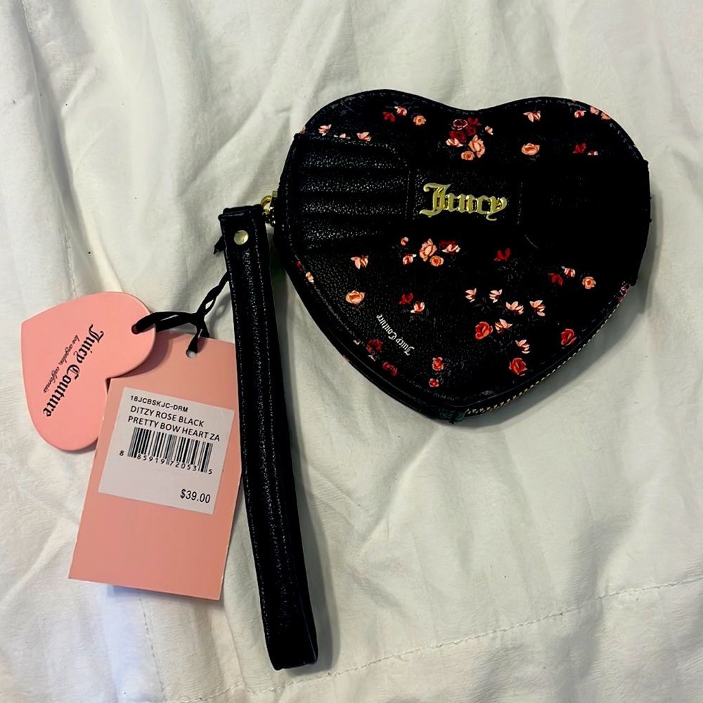 Juicy couture ditzy rose, black pretty bow, heart zip up small purse